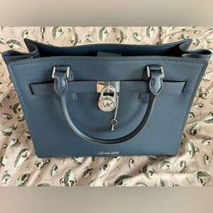 NWT Michael Kors Hamilton Navy Satchel with Silver Accents